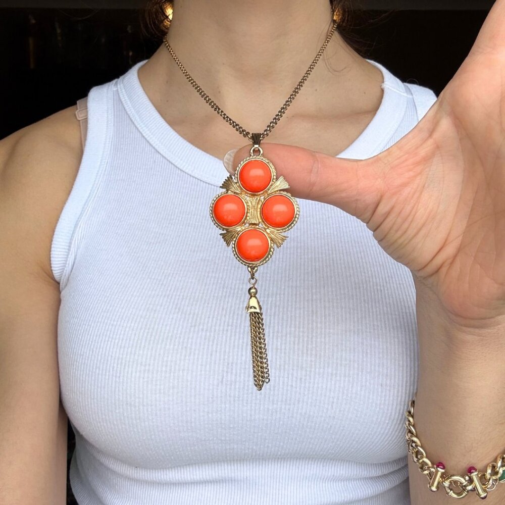 Vintage 70s MCM Orange Cabochon Maltese Cross Tassel Necklace